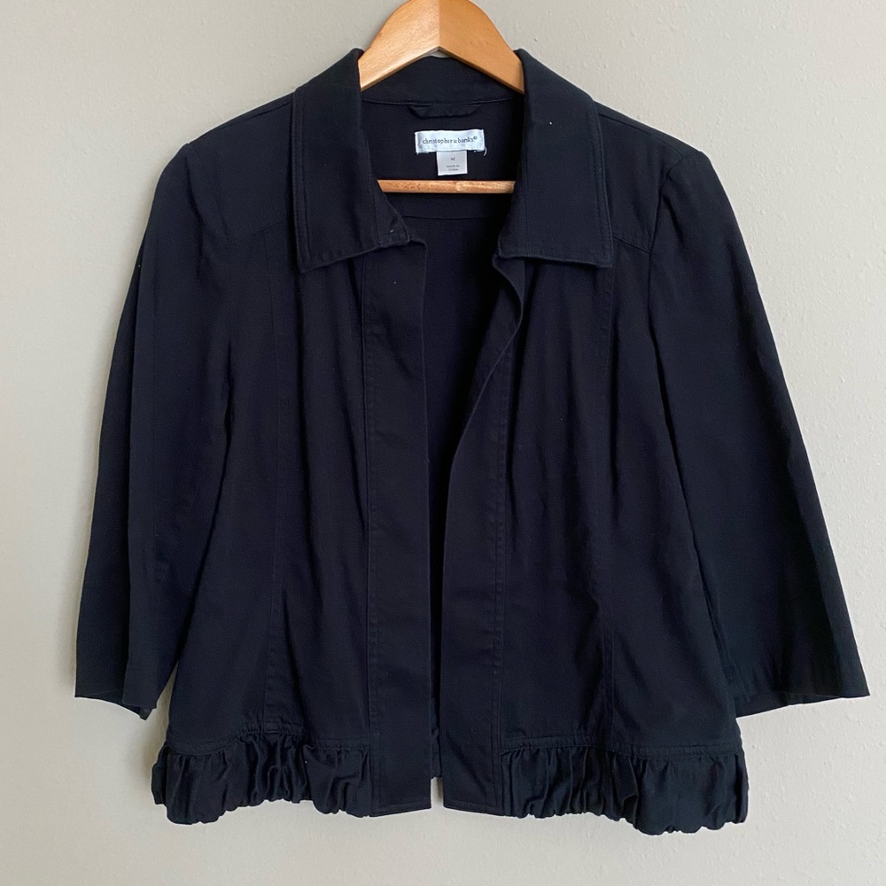Christopher & Banks Black Open Front Ruched Hem Blazer Jacket